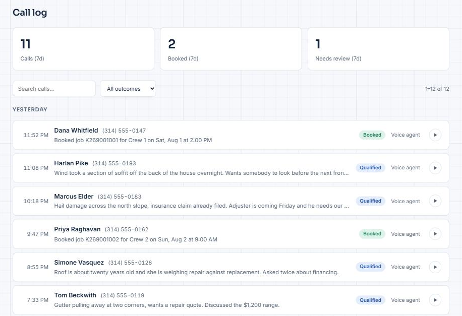 The Vonta call log the morning after a storm: each call shows the caller, a one-line summary of what they needed, whether it was booked, and a button to play the recording.