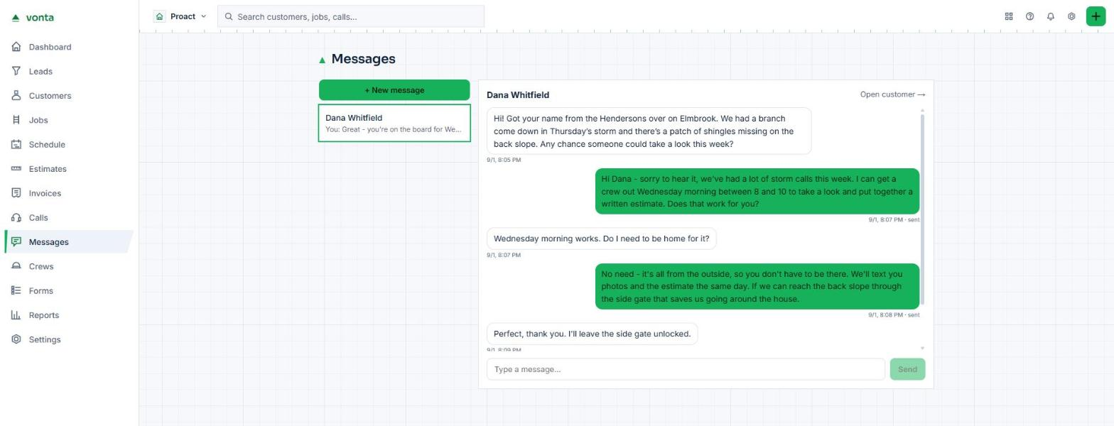 A Vonta message thread with a homeowner, showing texts and email in one conversation attached to the customer.