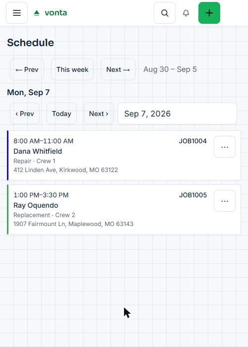 Vonta running on a phone, showing the day's schedule as a crew would see it.