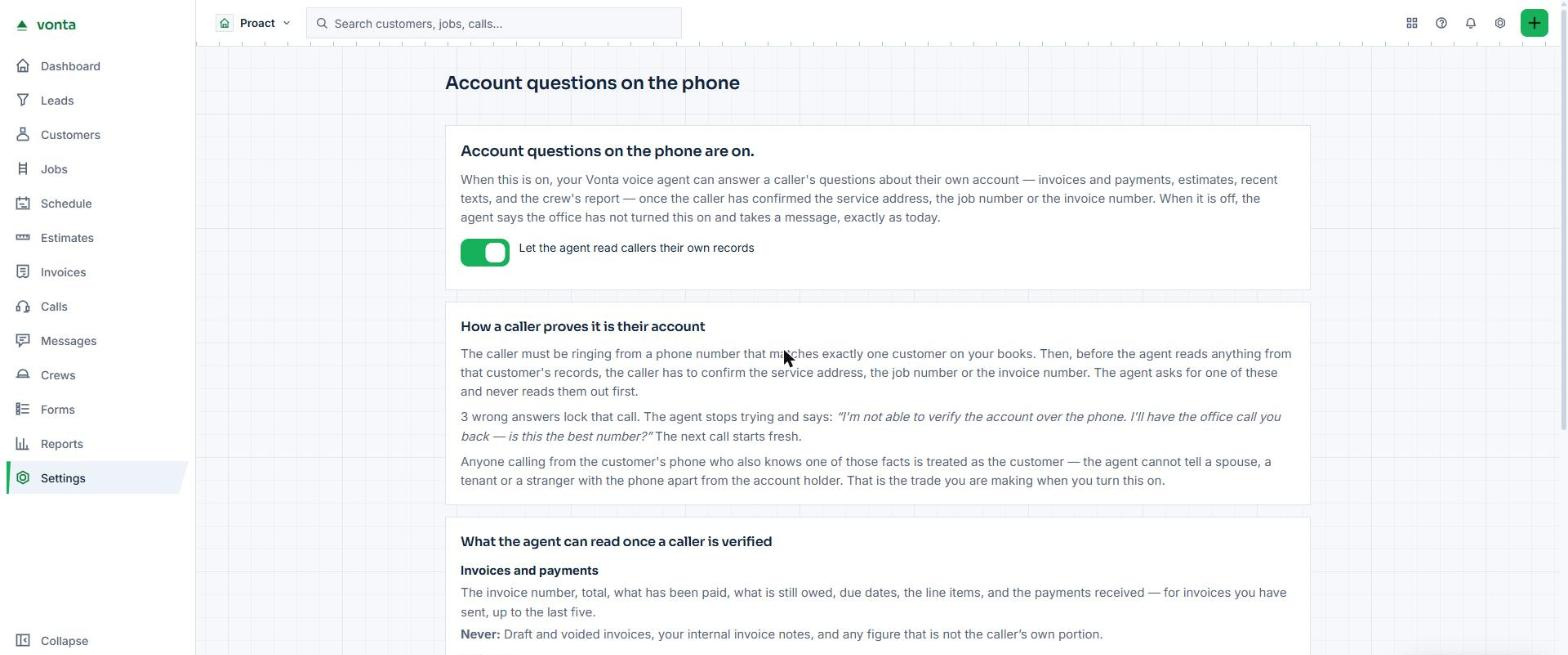 The Vonta setting that lets the voice agent answer a caller's questions about their own account.